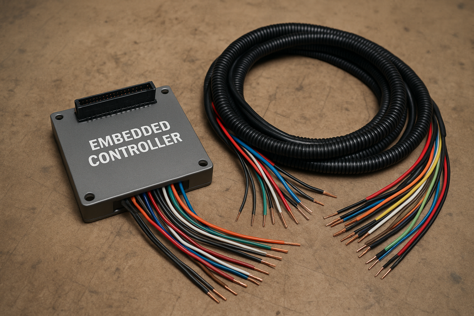 Embedded controller and wiring harness on a workbench